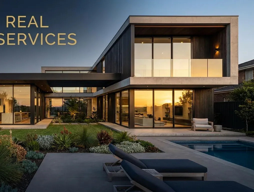 A contemporary architect-designed house at dusk, with lit interiors and a pool terrace.