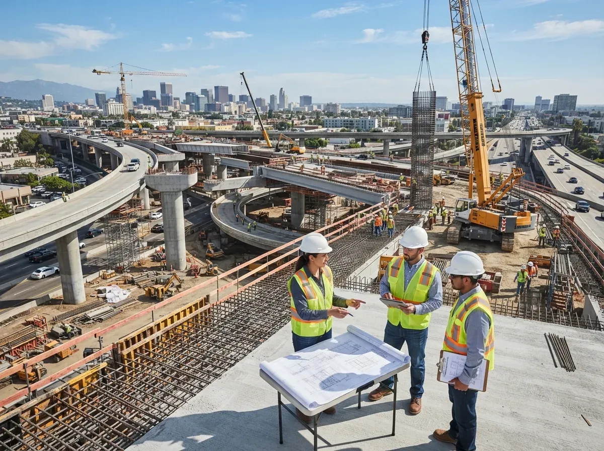 Engineers reviewing drawings on a highway interchange under construction, with cranes and reinforcement steel around them.