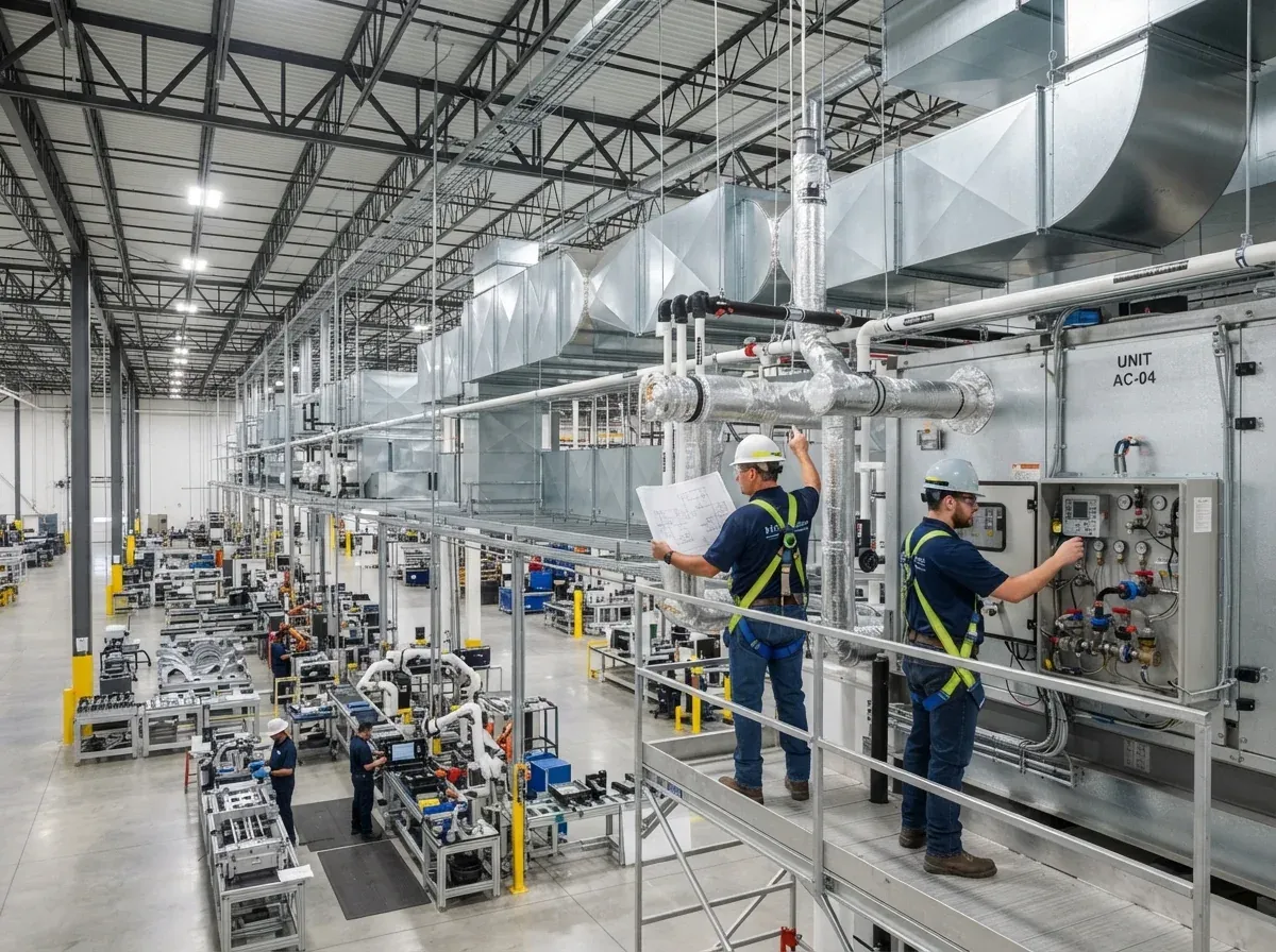 Industrial HVAC ductwork and air handling units installed in a large building interior.