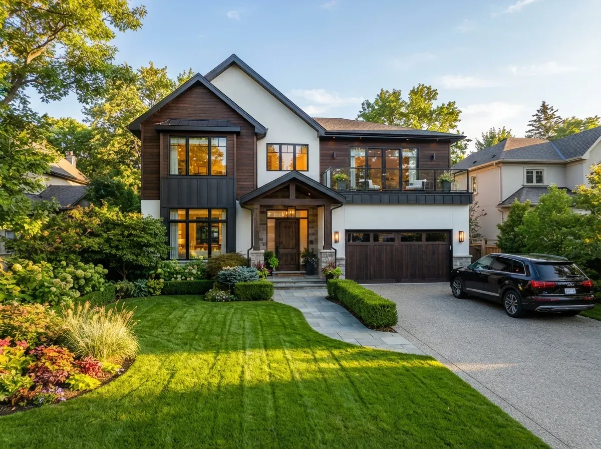 A modern two-storey family home with a landscaped lawn, photographed in warm evening light.