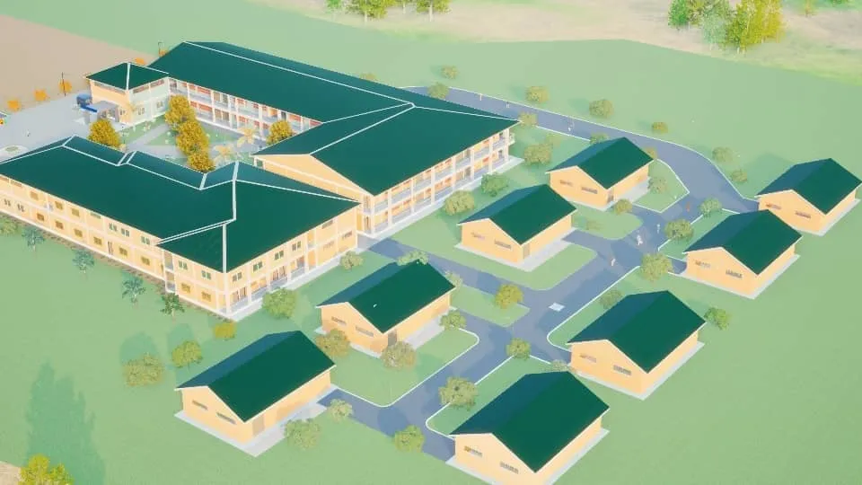 An aerial rendering of a planned development: a courtyard building and rows of green-roofed houses along an access road.