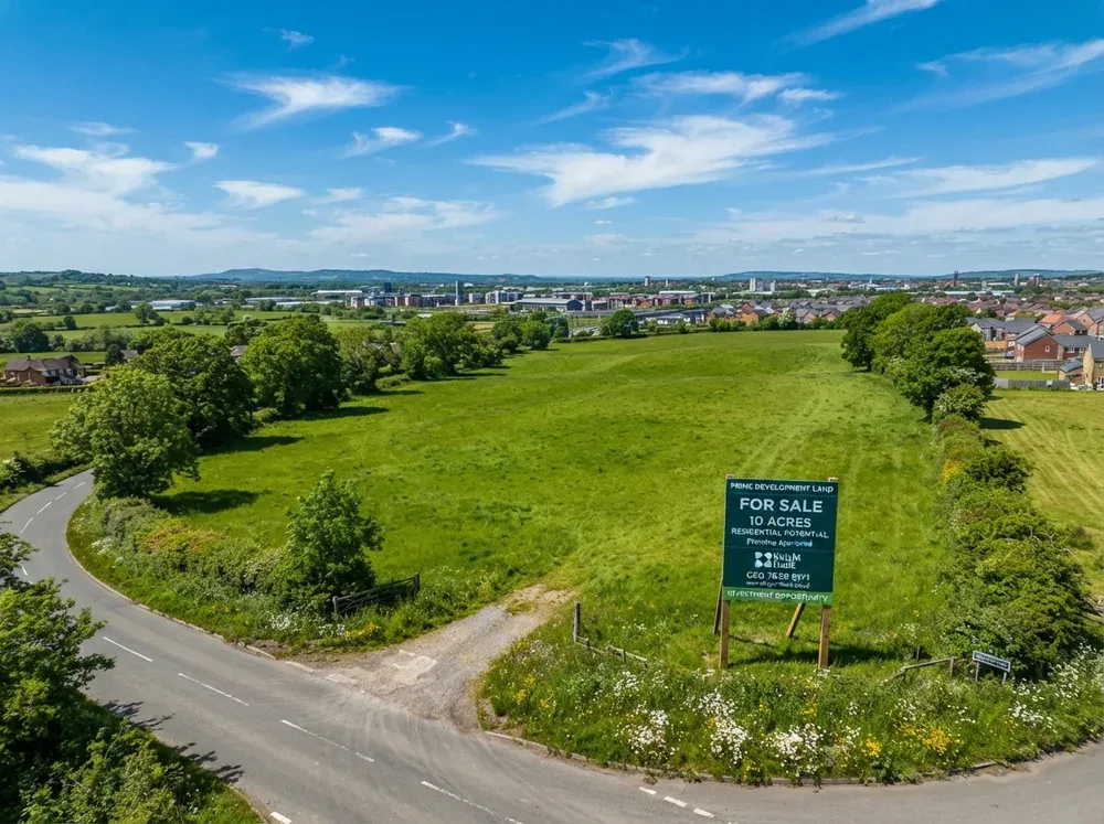 An open green development plot with a for-sale sign, under a clear blue sky.
